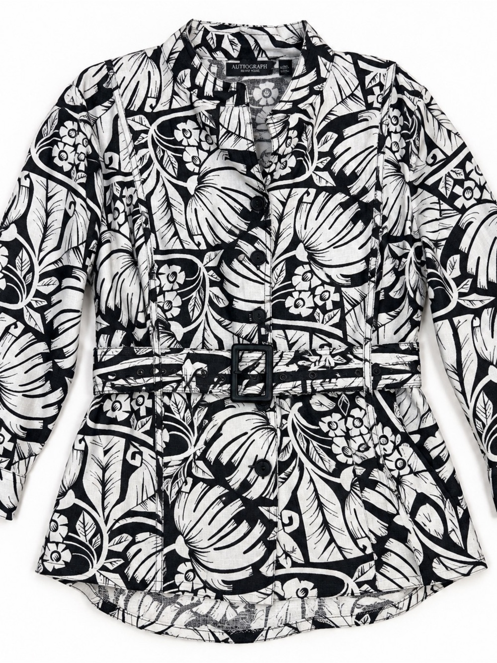 Autograph New York 100% Linen Black White Floral Belted Jacket